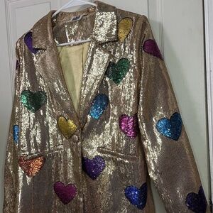 QUEEN OF SPARKLES Gold Blazer and skort set with Multicolor Sequin Hearts